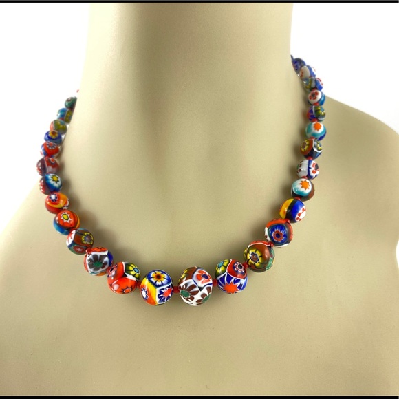 Vintage Jewelry - Vintage Venetian Murano Millefiori Graduated Choker Necklace & Earrings Set